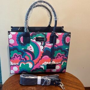 Trina Turk Tote  multi floral design  Vegan Saffiano  navy pink orange green NWT